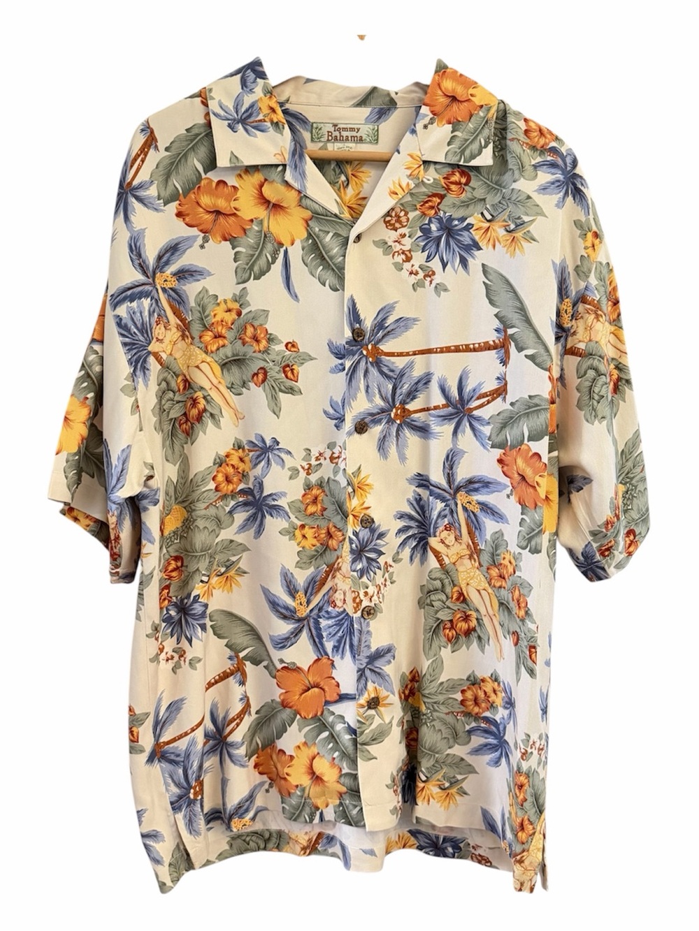 Tommy Bahama 100% Silk Hawaiian Camp Shirt Large Hula Girl Tropical Aloha